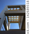 The clear, sunny sky and the structural beauty of the modern building. 142689318