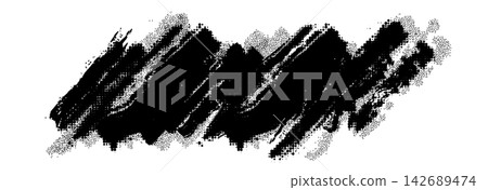 Grunge brush stroke background. Abstract distorted halftone paint texture frame. Rough edges distressed dotted strokes overlay. Rolled stamp ink dynamic scratch backdrop. Vector banner wallpaper 142689474
