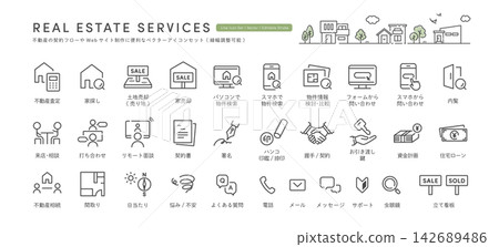 一套線條繪製的房地產圖示（向量，單色），可用於解釋房地產交易、合約和抵押貸款資訊。 142689486