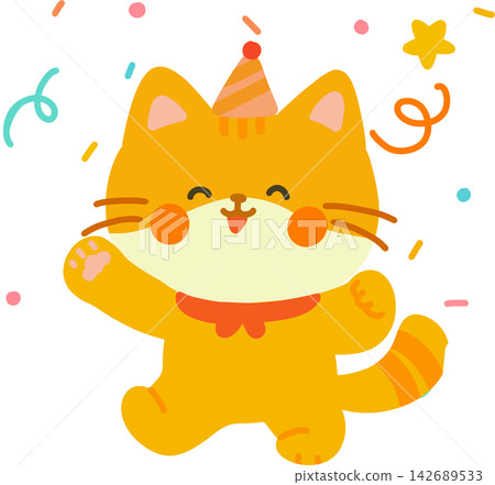 Orange Cat Celebrating in Party Hat Orange Cat Celebrating in Party Hat 142689533