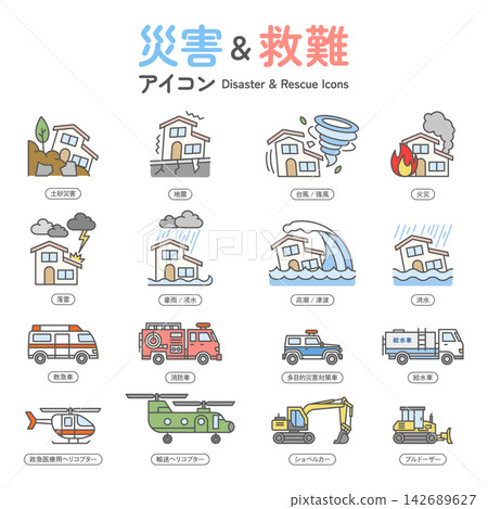 Disaster and rescue icon set Disaster and rescue icon set 142689627