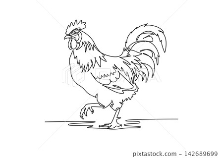 Single one line drawing animal farm rooster walking proud on ground, showing arched tail feathers, head crest, beak, domestic poultry livestock. Continuous line draw design graphic vector illustration Single one line drawing animal farm rooster walking proud on ground, showing arched tail feathers, head crest, beak, domestic poultry livestock. Continuous line draw design graphic vector illustration 142689699