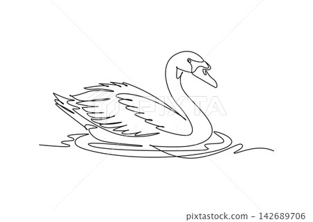 Continuous one line drawing animal swan swimming smoothly on water ripple, elegant curved neck, feather plumage, and serene aquatic wildlife nature. Single line draw design vector graphic illustration 142689706