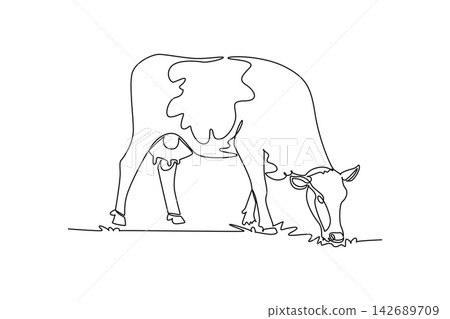 Continuous one line drawing dairy cow grazing calmly on pasture grass. Distinct udder, spotted body marking, and rural agricultural livestock charm. Single line draw design vector graphic illustration Continuous one line drawing dairy cow grazing calmly on pasture grass. Distinct udder, spotted body marking, and rural agricultural livestock charm. Single line draw design vector graphic illustration 142689709