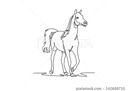 Single continuous line drawing elegant farm horse trotting gracefully forward with flowing mane and tail. Equine beauty, equestrian spirit, rural farm. One line draw graphic design vector illustration Single continuous line drawing elegant farm horse trotting gracefully forward with flowing mane and tail. Equine beauty, equestrian spirit, rural farm. One line draw graphic design vector illustration 142689710