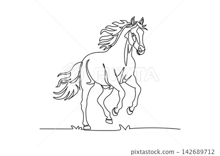 Continuous one line drawing farm horse running energetically with windblown mane, flying tail. Powerful equestrian motion, rural livestock beauty. Single line draw design vector graphic illustration 142689712