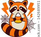 Cute Halloween Raccoon with Lightning and Spider Webs Illustration	 142689951