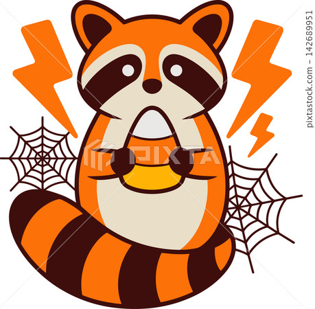 Cute Halloween Raccoon with Lightning and Spider Webs Illustration Cute Halloween Raccoon with Lightning and Spider Webs Illustration 142689951