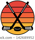 Crossed Hockey Sticks and Puck Winter Sports Retro Sunset Illustration 142689952