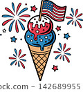 Patriotic Ice Cream Cone with American Flag and Fireworks Illustration 142689955