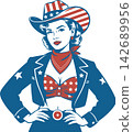 Patriotic Cowgirl with American Flag Hat Western Illustration	 142689956