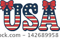 Patriotic USA Lettering with Stars Stripes and Bows Illustration	 142689958