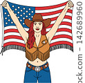 Patriotic Cowgirl Holding American Flag Western Illustration	 142689960