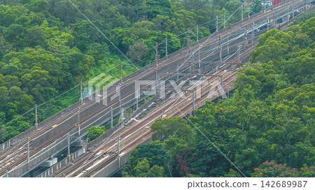Aug 23 2026 Hong Kong railway viaduct running through lush green forest n Aug 23 2026 Hong Kong railway viaduct running through lush green forest n 142689987