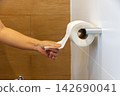 Personal Hygiene Concept: Close-up of Female Hand Tearing off a Sheet of Tissue from a Toilet Roll. 142690041