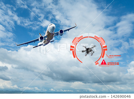 Commercial Airplane Flying Past Warning Graphic of Unauthorized Drone Detected Near Airport Airspace. Commercial Airplane Flying Past Warning Graphic of Unauthorized Drone Detected Near Airport Airspace. 142690046