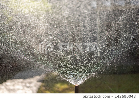 Pop-up Sprinkler Head Spraying Water on a Lush Green Lawn in the Garden. Pop-up Sprinkler Head Spraying Water on a Lush Green Lawn in the Garden. 142690048