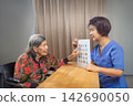 Asian Senior Woman with Dementia Doing Shape Matching Exercise with a Caregiver in Nursing Home. 142690050
