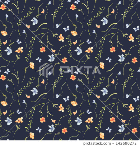 Delicate watercolor blossoms on thin stems ditsy seamless pattern on dark blue. Small butterflies and meadow flowers repeat background. Hand painted beautiful botanical print for textile design. Delicate watercolor blossoms on thin stems ditsy seamless pattern on dark blue. Small butterflies and meadow flowers repeat background. Hand painted beautiful botanical print for textile design. 142690272