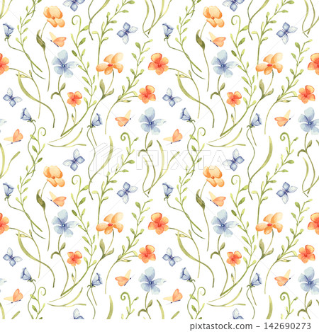 Charming watercolor seamless pattern with small wildflower and butterfly isolated. Delicate floral background with orange and blue blossom hand drawn. Floral repeat liberty style for kids' bedding. Charming watercolor seamless pattern with small wildflower and butterfly isolated. Delicate floral background with orange and blue blossom hand drawn. Floral repeat liberty style for kids' bedding. 142690273