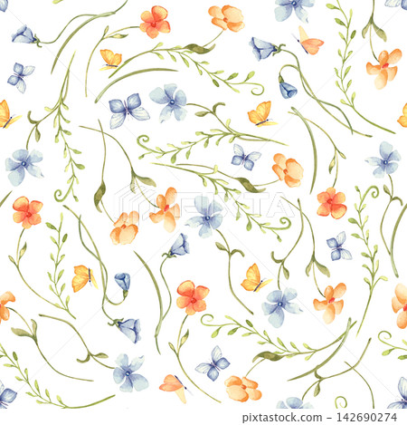 Delicate watercolor seamless pattern with cute flowers and little butterfly isolated. Spring floral textile print orange and blue blooms. Ditsy floral repeat for home textile rustic style. 142690274