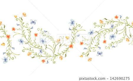 Watercolor seamless floral garland with cute orange and blue flower and little butterfly isolated. Delicate rustic blossom border repeat for kitchenware. Endless design for country style tableware. Watercolor seamless floral garland with cute orange and blue flower and little butterfly isolated. Delicate rustic blossom border repeat for kitchenware. Endless design for country style tableware. 142690275