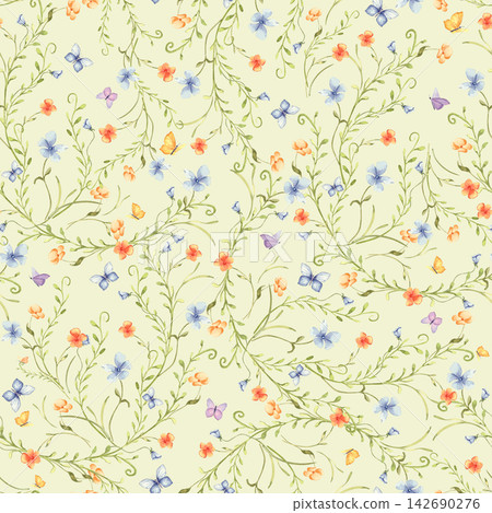 Seamless watercolor ditsy pattern with cute small flower on delicate vine and butterfly on light background. Rustic floral ornament with tiny blossom hand painted. Repeat design for kids textiles. Seamless watercolor ditsy pattern with cute small flower on delicate vine and butterfly on light background. Rustic floral ornament with tiny blossom hand painted. Repeat design for kids textiles. 142690276