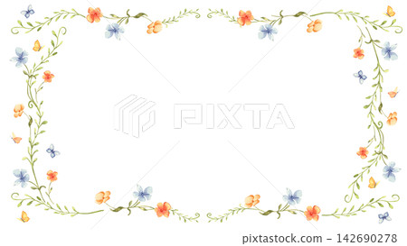 Watercolor floral border with cute orange and blue tiny flower and butterfly isolated. Delicate spring blossom on thin stems hand drawn. Elegant floral frame with copy space for design packaging. Watercolor floral border with cute orange and blue tiny flower and butterfly isolated. Delicate spring blossom on thin stems hand drawn. Elegant floral frame with copy space for design packaging. 142690278