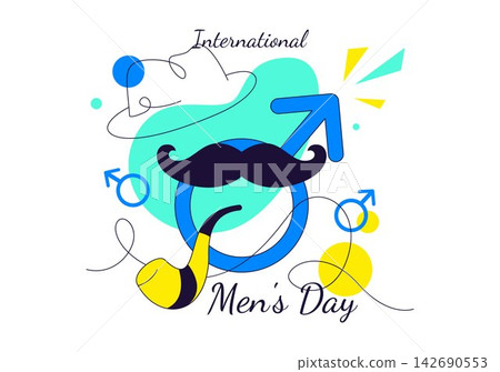 International Men's Day Vector Illustration Featuring Male Symbols, Mustache, Shirt, Equality, Brotherhood, Awareness, and Community Support 142690553