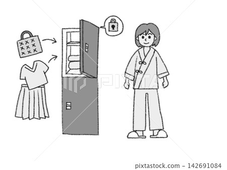 Hand-drawn style black and white illustration of changing clothes for a health checkup or examination (putting personal clothes in a locker and changing into an examination gown - health checkup - medical - hand Hand-drawn style black and white illustration of changing clothes for a health checkup or examination (putting personal clothes in a locker and changing into an examination gown - health checkup - medical - hand 142691084