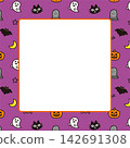 Cute hand-drawn banner background featuring Halloween motifs such as pumpkins and ghosts. Square size. 142691308