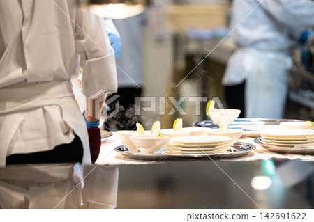 法國廚師,提供食物的手特寫,工作場景 法國廚師,提供食物的手特寫,工作場景 142691622