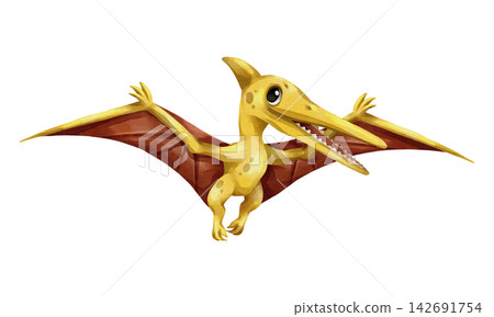 Watercolor pteranodon flying dinosaur isolated PNG illustration, featuring a cute hand-drawn yellow pterosaur prehistoric creature character on a transparent background. Watercolor pteranodon flying dinosaur isolated PNG illustration, featuring a cute hand-drawn yellow pterosaur prehistoric creature character on a transparent background. 142691754