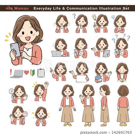 A set of illustrations depicting the daily life and communication of a woman in her 40s. 142691763