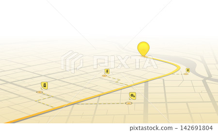 Yellow isometric city map with location pointer and service station icons along route. Vector illustration. Yellow isometric city map with location pointer and service station icons along route. Vector illustration. 142691804