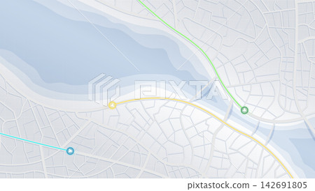 Top view of city map displaying river bridge and multiple colored navigation routes. Vector illustration. Top view of city map displaying river bridge and multiple colored navigation routes. Vector illustration. 142691805