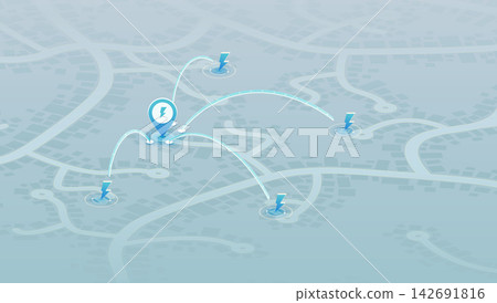 Electric Charging Station Network Map with Lightning Bolt Location Pins. Vector illustration. Electric Charging Station Network Map with Lightning Bolt Location Pins. Vector illustration. 142691816