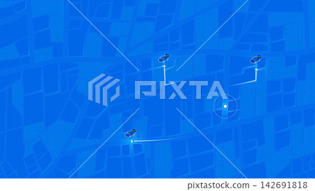 Blue City Map with Vehicle Tracking Icons and Target Location Marker. Vector illustration. 142691818