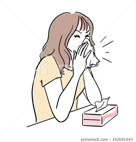 女人擤鼻涕；感冒或花粉症的症狀。 142691843