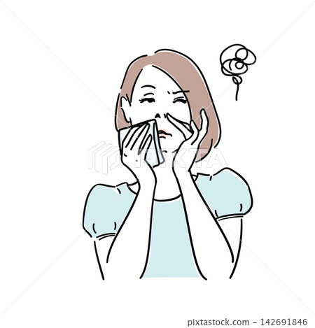 一位女士鼻塞;這是感冒或花粉症的症狀。 一位女士鼻塞;這是感冒或花粉症的症狀。 142691846