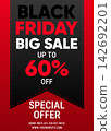 Bold and striking Black Friday big sale promotional poster featuring high-impact red and white typography, a sixty percent discount offer, and special pricing details on a red gradient background. 142692201