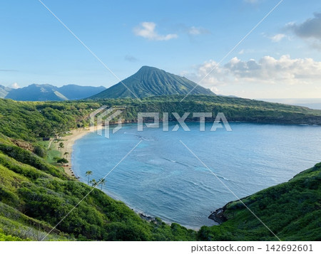 鬱鬱蔥蔥的火山島上擁有美麗的海灘和大海。 鬱鬱蔥蔥的火山島上擁有美麗的海灘和大海。 142692601