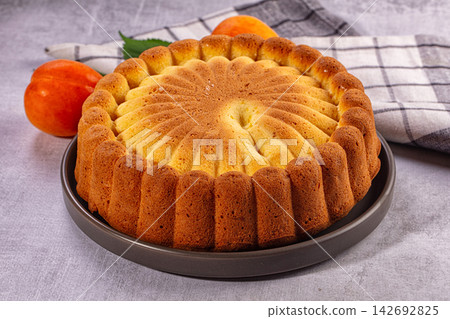Golden brown baked bundt cake on dark grey plate, fresh apricots and checkered kitchen towel background, delicious dessert, homemade pastry Golden brown baked bundt cake on dark grey plate, fresh apricots and checkered kitchen towel background, delicious dessert, homemade pastry 142692825