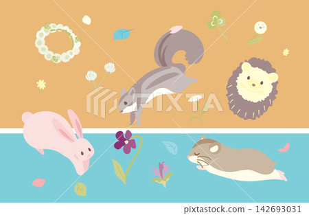 A set of illustrations featuring spring wildflowers and cute small animals. A set of illustrations featuring spring wildflowers and cute small animals. 142693031