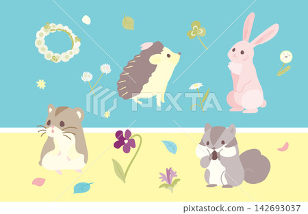 一組以春花和可愛小動物為主題的插圖。 一組以春花和可愛小動物為主題的插圖。 142693037