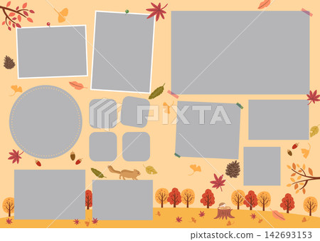Photo album template with illustrations of autumn leaves and ginkgo trees. Photo album template with illustrations of autumn leaves and ginkgo trees. 142693153
