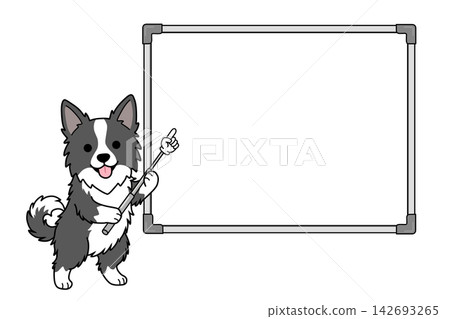 一隻邊境牧羊犬拿著指示棒指向白板(用於指導/演示)的插圖。 一隻邊境牧羊犬拿著指示棒指向白板(用於指導/演示)的插圖。 142693265