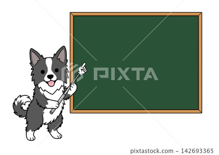 一隻邊境牧羊犬拿著指示棒指向黑板的插圖(附說明/指南)。 一隻邊境牧羊犬拿著指示棒指向黑板的插圖(附說明/指南)。 142693365