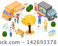 Isometric illustration: People eating and drinking around a food truck 142693378