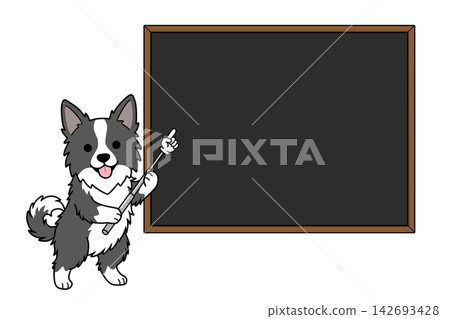 一隻邊境牧羊犬拿著指示棒,指向黑板(訊息/菜單)。 一隻邊境牧羊犬拿著指示棒,指向黑板(訊息/菜單)。 142693428